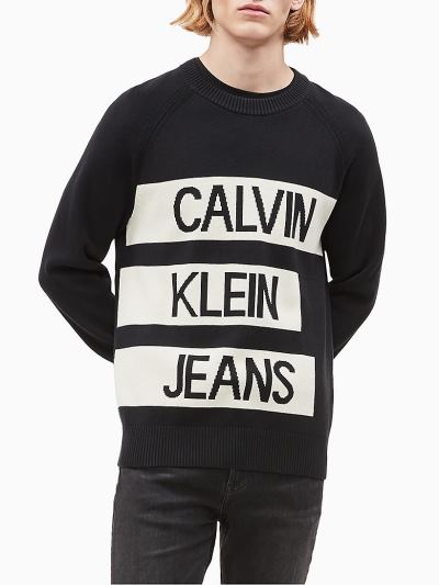 Calvin Klein Ruhák HU522112 | Calvin Klein Combed Cotton Logo Férfi Pulóver Fekete / Fehér